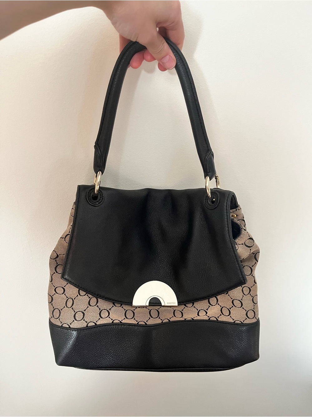 Oroton Black and Beige Signature Print Shoulder Bag